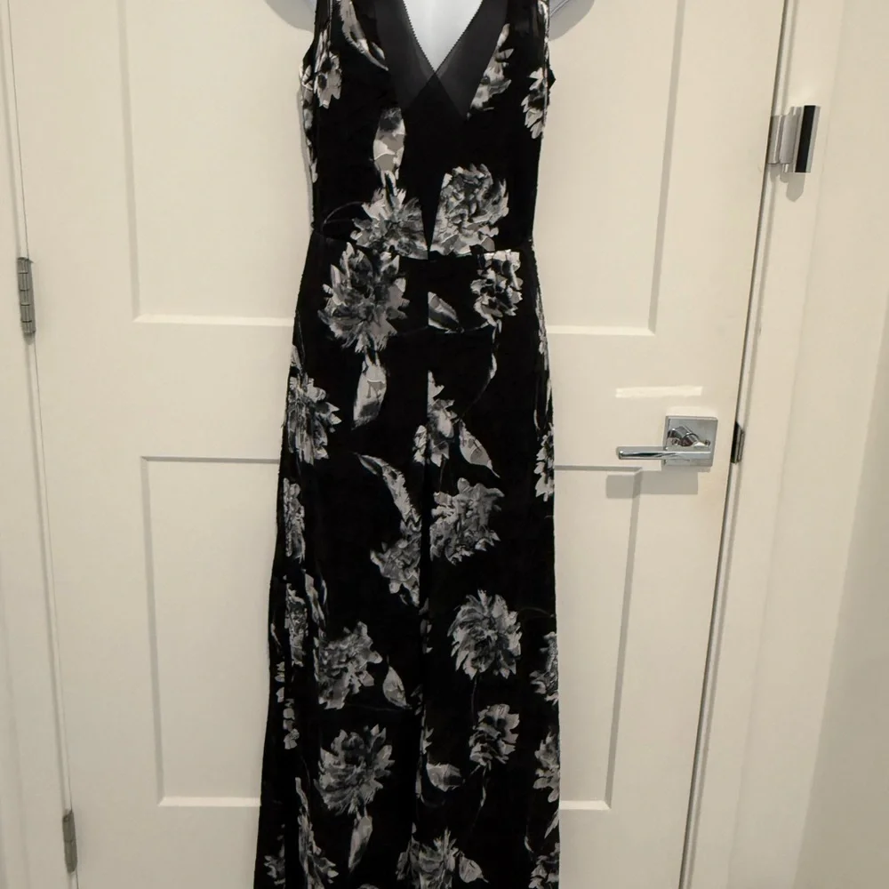 White House Black Market Black, Black and White Floral Velvet Wide leg Jumpsuit - Picture 1 of 4